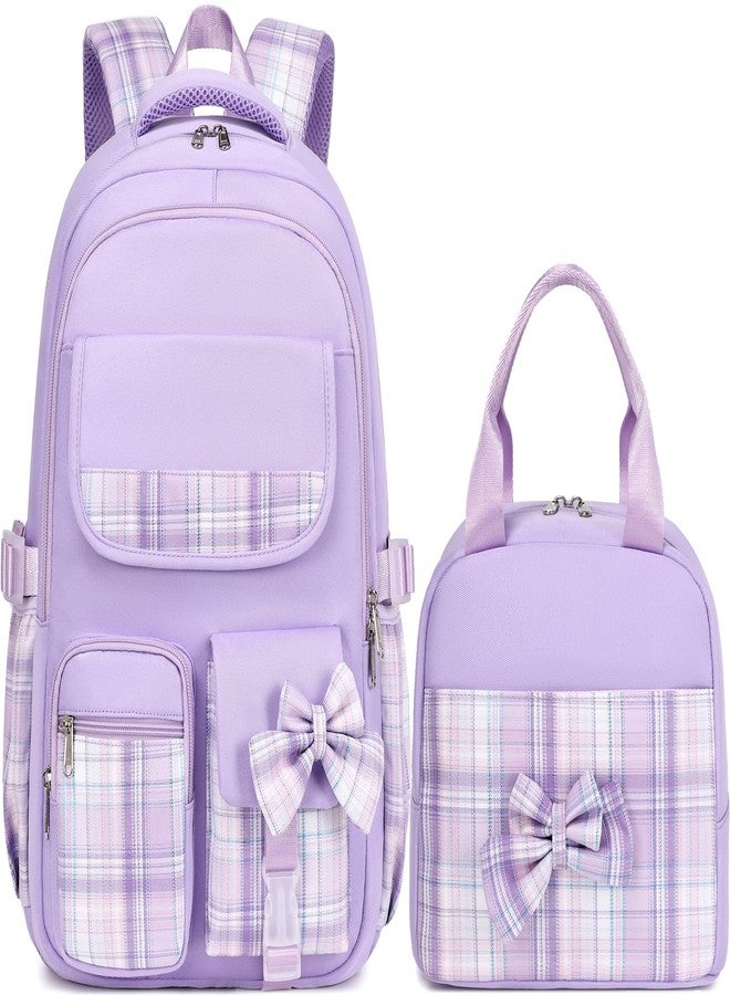 JIANYA Girls Backpack for School Kids Backpack with Lunch Box Elementary School Backpack for Girls, Bow/Purple - Image 1